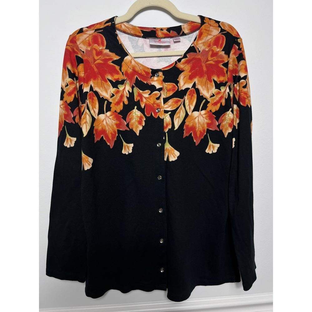 QUACKER FACTORY (L) Black Fall Maple Leaf Print Button Cardigan  100% Cotton - Picture 3 of 11